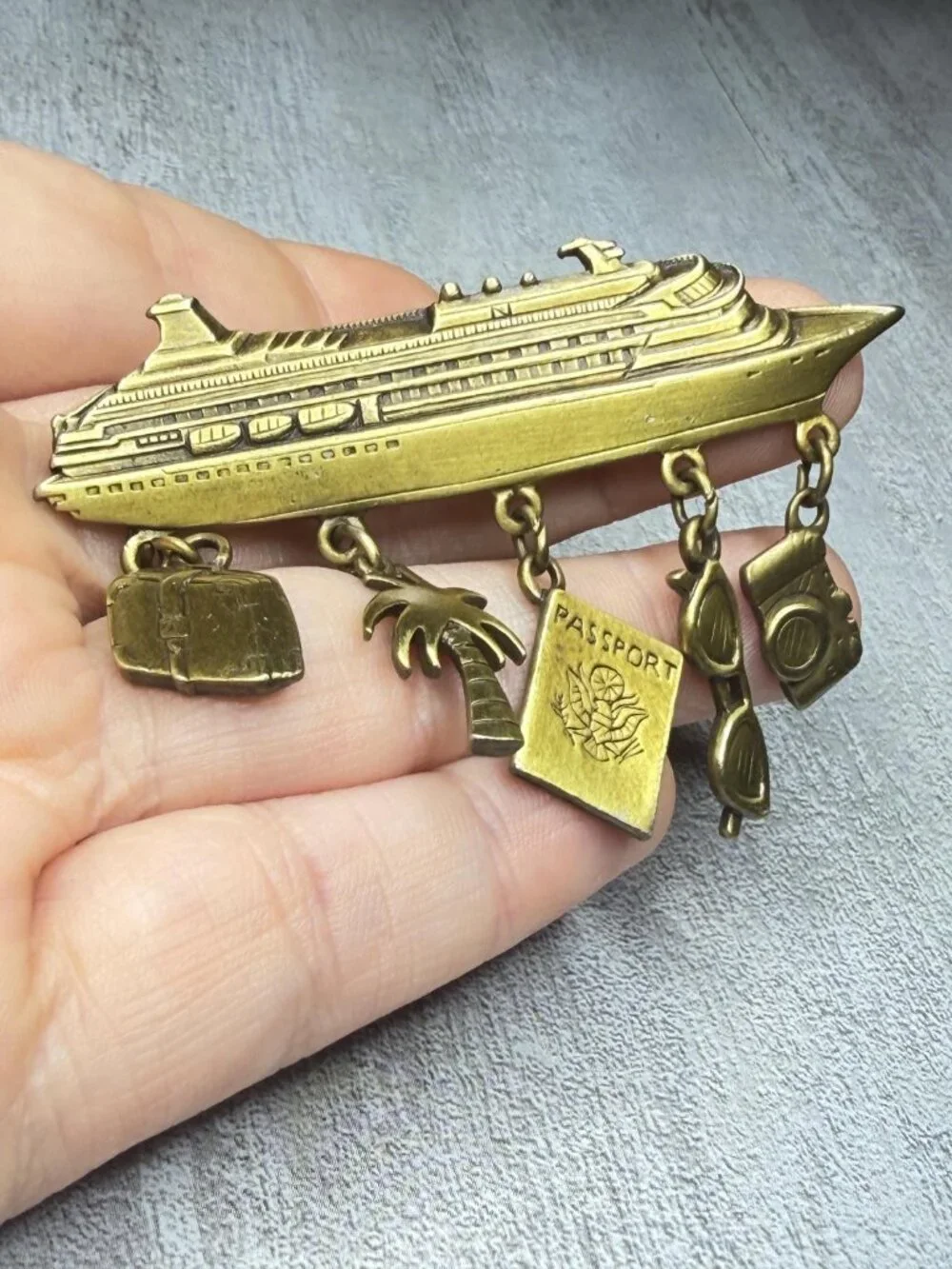 Cruise Ship Brooch Dangle Charms Vintage JJ Jonette Pin